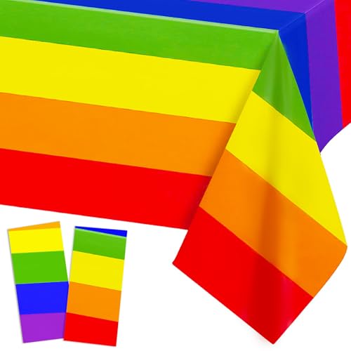 Jremreo Rainbow Pride Tablecloth - 2 Pack - 54 x 108 Inch Rectangle Disposable Plastic Table Cloth Rainbow Pride Flag Table Covers for Dining Room Kitchen Decor