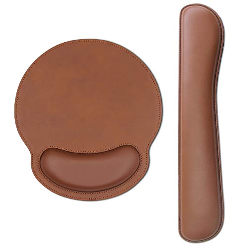 Mouse Pads with Wrist Support and Keyboard Wrist Rest Pad Set,Ergonomic PU Leather Mouse Pad for Laptop Computer,Non Slip Base Comfortable Mousepad Raised Memory Foam Easy Typing Pain Relief,Brown