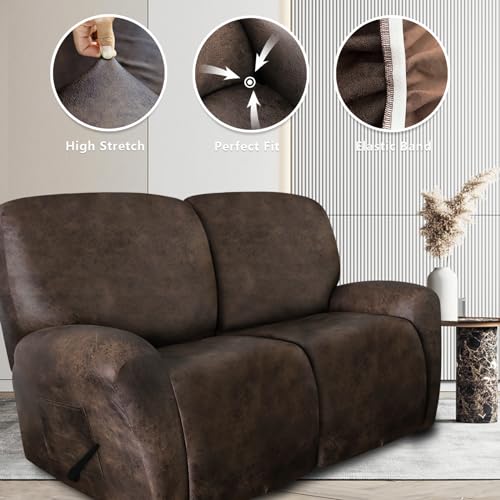 Image of ANARACHON Leather Look Loveseat Recliner Covers Stay in Place 6-Piece Recliner Sofa Slipcover 2 Seater Reclining Couch Cover Furniture Protector Spandex Fabric Washable (Recliner Loveseat, Brown)