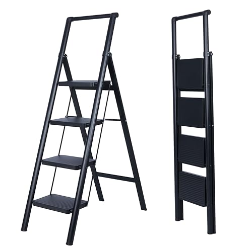 UZIRO Escalera Plegable 4 Peldaños, Escalera Plegable, Escalera Antideslizante, Escalera Tijera, Escalera Decorativa, Escaleras, Escalera 4 Peldaños, Muy Liviana y Pedaño Anchos (Negro, 4 Pedaños)