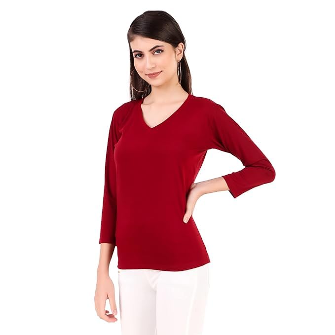 Image of Women's 3 /4 Sleeves Regular Fit V-Neck Cotton T-Shirt