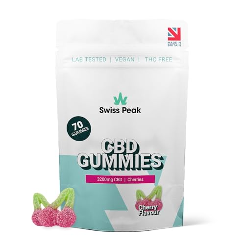 Swiss Peak, High-Strength 3200mg CBD Cherry Flavoured Gummies, 70 Gummies Per Tub, Non-GMO, All Natural & No THC, Vegan, Gluten-Free | UK-Made