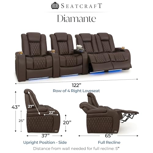 Image of Seatcraft Diamante Brown Italian Leather Home Theater Seating, Zero Gravity Power Recliner Gaming and Home Office Chair Powered Headrest Lounge Sofa Furniture for Cinema Room, Row of 4 Right Loveseats