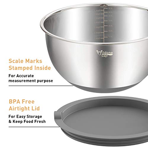 Mixing Bowls Set Of 5, Wildone Stainless Steel Nesting Bowls With Grey Airtight Lids, 3 Grater Attachments, Measurement Marks & Non-Slip Bottoms, Size 5, 3, 2, 1.5, 0.63 Qt, Ideal For Mixing & Serving #TOP1