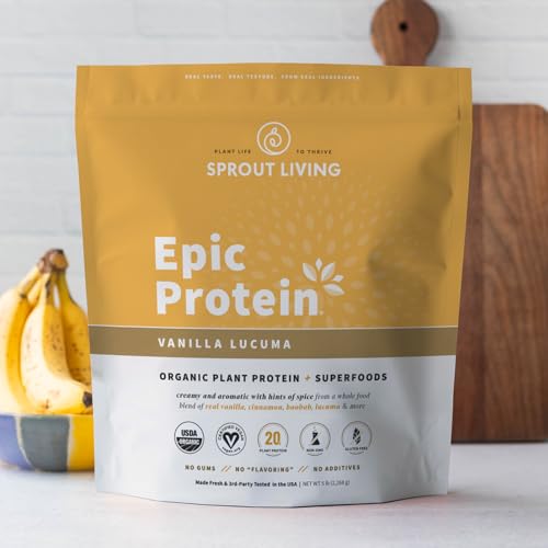 Image of Sprout Living Epic Protein, Plant Based Protein & Superfoods Powder, Vanilla Lucuma Powder | 20 Grams Organic Protein Powder, Vegan, Non Dairy, Non-GMO, Gluten Free, Low Sugar (5 Pound, 60 Servings)