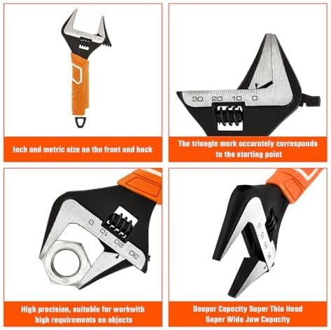 Miniatura 9 de VANQUISH Llave ajustable de 6 pulgadas, llave de fontanería de apertura de mandíbula de 1-14 pulgadas de ancho, acero CR-V, SAE y escala métrica