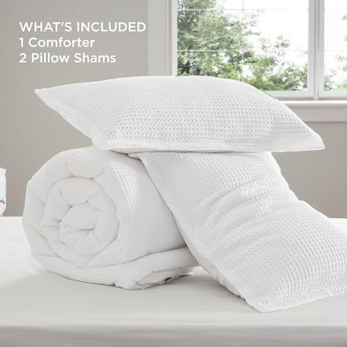 Image of Bedsure Waffle Comforter Set Queen, White Soft Bedding, Waffle Weave Bed Set, 3 Pieces, 1 Comforter (90 inchx90 inch) and 2 Pillow Shams, Cotton Shell and Polyester Lining for All Seasons