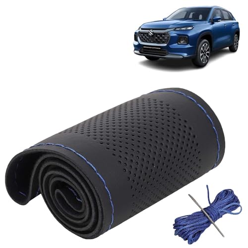 Image of KINGSWAY PU Leatherite Car Steering Cover Sewable Compatible with Maruti Suzuki Grand Vitara (Year 2022 Onwards), Black Color with Blue Thread, Pack of 1 with Sewing Needle and Thread