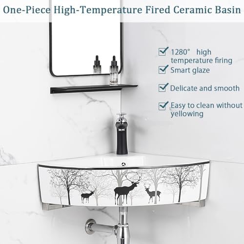 Triangular Corner Bathroom Sink, Wall Mounted Ceramic Vanity with Overflow, Space-Saving Design for Compact Bathrooms,Gold12.6In/32Cm,Gold12.6In/32Cm