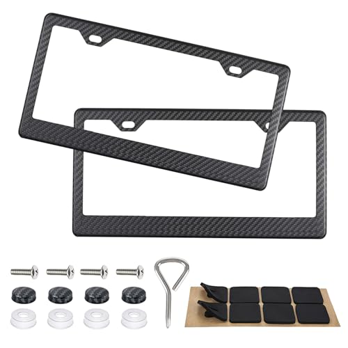 MTABCTY 2PCS Carbon Fiber License Plate Frames with 2 Holes, Metal Car License Plate Cover with Screw Caps, Slim Edge Universal Fit for Cars, Trucks, SUVs, and RVs, Black