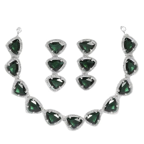 Image of ZENEME Rhodium Plated Silver Toned Triangular Shaped American Diamond Studded Jewellery Set For Women and Girl