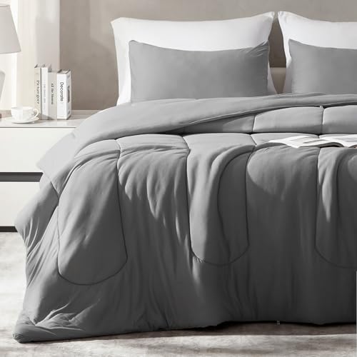 SLEEP ZONE King Size Comforter Set, Breathable Jersey Knit Soft Duvet Insert Set 3 Pieces Bedding Sets for Bedroom All Season, Gray