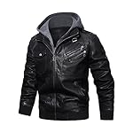 HOOD CREW Men’s Casual Stand Collar PU Faux Leather Zip-Up Motorcycle Bomber Jacket With a Removable Hood - Image 2