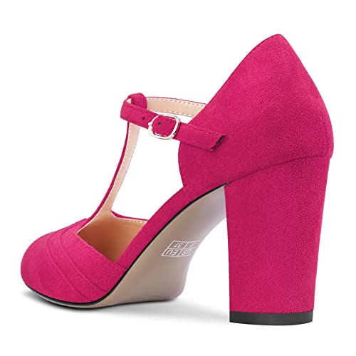 Castamere Women Chunky Block High Heel Round Toe Pumps T-Strap Buckle Wedding Office 3.3 Inches Heels3