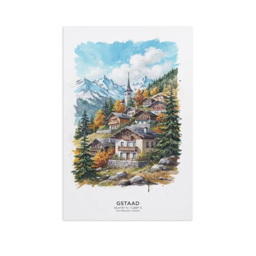 Poster Gstaad aquarelle pour embellir votre salon ou bureau 60x90