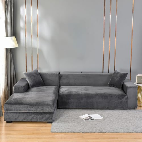 Funda de terciopelo elástico para sofá de 1 a 5 plazas, antideslizante, vintage, para sofás seccionales en forma de U y en forma de L, ajuste universal, gris, 305-360 cm