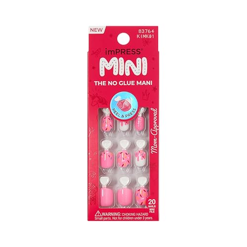 Kiss Impress Mini Mani Press On Nails for Girls & Tween Kids 20 Super Duper Short Squoval Press-Ons with Pink Glitter Sprinkle Mom Approved for Small Nail Beds No Glue Needed Mini File Included