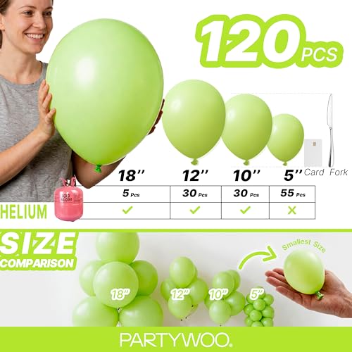Image of PartyWoo Lime Green Balloons 120pcs Light Green Balloons Different Sizes | 18 12 10 5 Inch for Wedding Birthday Dinosaur Jungle Golf Football Theme Baby Shower Bridal Shower Party Decorations Green-Y6
