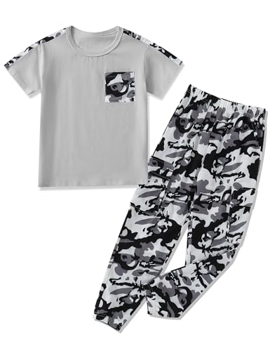 Image of mksodopy Boys Clothes Outfits Set, Camo Cargo Pants and Short Sleeve Pocket Tee 2PC Summer Tracksuit for Kids 5-16Y