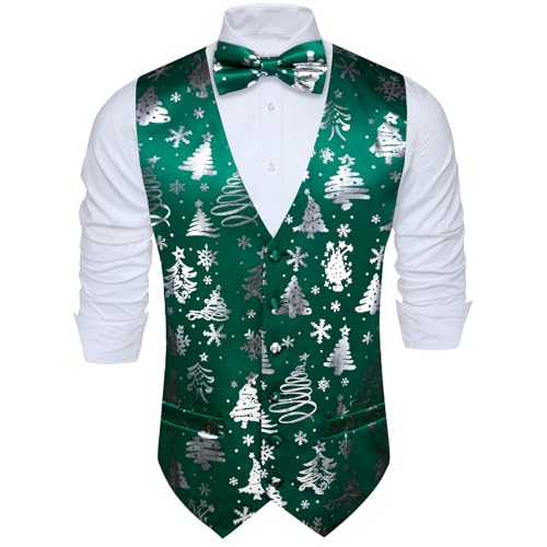 Barry.Wang Mens Christmas Vest Red Green Xmas Tree Snowman Snowflake Festival Suit Waistcoat Bow Tie Set Holiday3