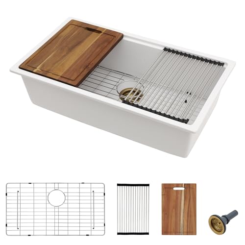33 Granite Composite Kitchen Sink - Fulorni 33"x19" Kitchen Sink Undermount Ledge Workstation White Granite Quartz Composite Under Counter Single Bowl Sink Basin by Fulorni - Used condition - US$250.99