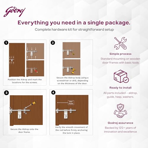 Image of Godrej Door Fittings | Aldrop for Main Door (10 inch, Antique Brass) | Premium SS Latch /Kadi for Left or Right Handed-Doors | Aldrops for Double Doors, Home, Bedroom, Puja Room | Size 250 X 14 mm