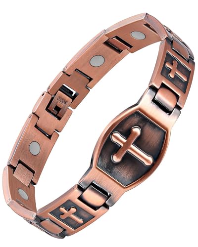 Feraco Copper Cross Magnetic Therapy Cooper Christian Bracelets with 3800 Gauss Magnets, Men's 99.99% Pure Copper