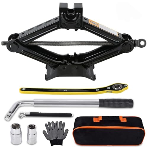 Rarapop Kit cric per auto con cric a forbice per 2 tonnellate (2000 libbre) Kit di emergenza universale con chiave a capocorda per cambio pneumatici per auto SUV