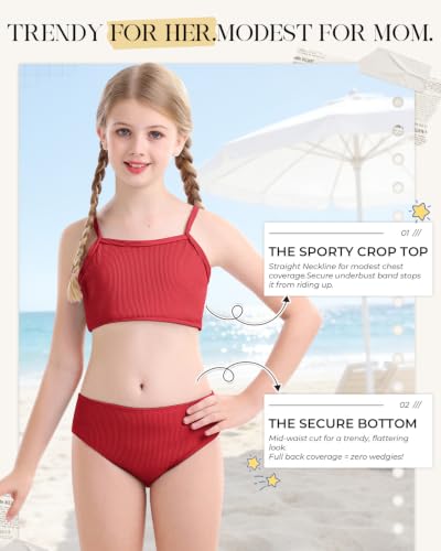 Image of Century Star Girls Ribbed 2-Piece Bikini Swimsuit - Fully Lined Modest Bathing Suit for Teens & Tweens