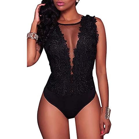 Mono de Encaje Mujer Verano Body sin Mangas Escote en V sin Respaldo Transparente Bodysuit Elegante Tops Traje de Mujer para Casual Fiesta Playa (Negro, L) Cover