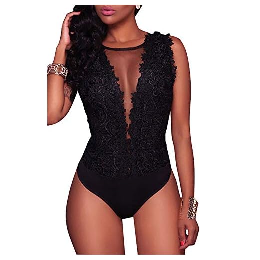 Mono de Encaje Mujer Verano Body sin Mangas Escote en V sin Respaldo Transparente Bodysuit Elegante Tops Traje de Mujer para Casual Fiesta Playa (Negro, L)