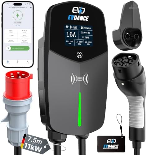 EVDANCE Wallbox 11kW mit APP Typ 2 Ladekabel für Zuhause BEV/PHEV | 7,5m, 3-Phasen (6-16A, 400V), RCD(Type A 30mA AC + 6mA DC), IP56-Schutz