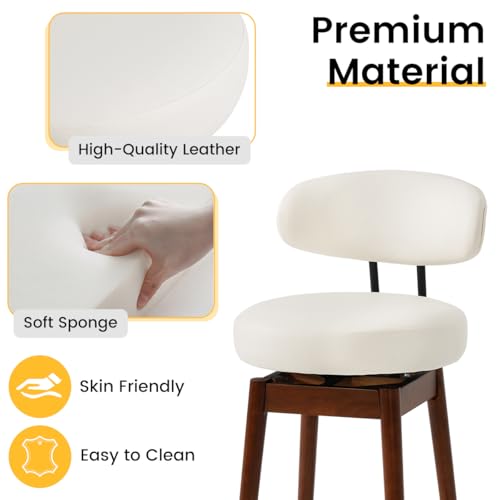 Image of COCO DESIGN White Bar Height Bar Stools Set of 2, 30 inch Swivel Chairs | Upholstered Faux Leather, Solid Wood Legs, Modern Mid Century Chairs for Kitchen Island