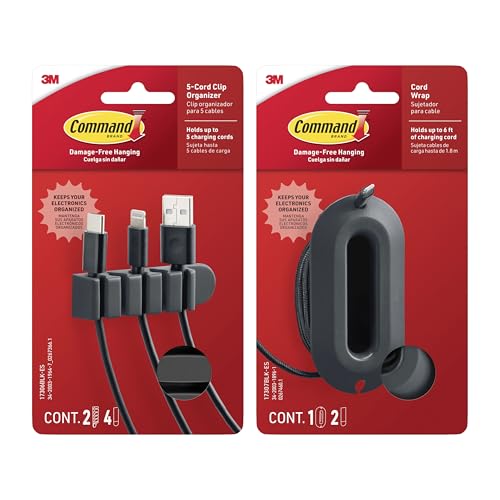 Image of Command 5-Cord Clip Organizer and Wrap Bundle, 2 Clips, 1 Wrap and 6 Medium Strips, Black, Great for Damage-Free Electronics Organization Under Desk or Wall Mount