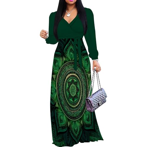 Image of Women's Plus Size Maxi Dresses Long Sleeves V Neck Floral Print Bohemian Swing Long Dress with Belt