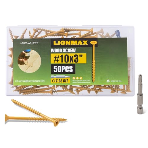 Image of LIONMAX Deck Screws 3 Inch, Wood Screws #10 x 3, 50 PCS, Rust Resistant, Exterior Epoxy Coated, Outdoor Decking Screws, Torx /Star Drive Head Deck Screw, T25 Star Bit Included, Tan