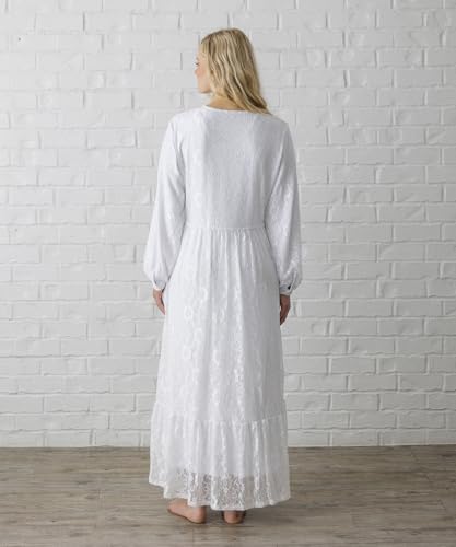 Women's White Front Zip Temple Dress | Easy Care| Floral Lace | Side Pockets | Full-Length | High Waist3