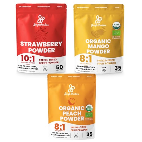 Jungle Powders Strawberry 7oz Powder, Organic Mango 5oz Powder & Organic Peach 5oz Powder - Freeze-Dried, Non-GMO, Vegan, All-Natural Additive-Free Flavoring for Baking, Smoothies, & Desserts