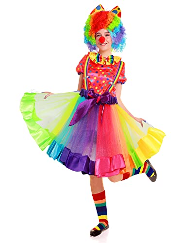 6 Pcs Girl Clown Costume Kids Set Include Rainbow Tutu Skirt Socks Wig Nose Bow Shoulder Strap For Christmas Carnival Party (8-12 Years) #TOP6