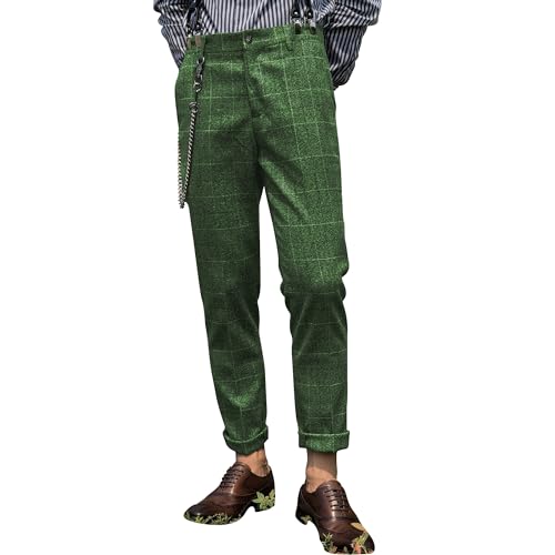 Mens Slim Fit Herringbone Tweed Wool Plaid Trousers Retro Dress Business Suit Pants