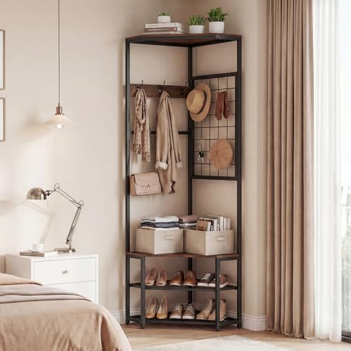 GOFLAME Corner Hall Tree Freestanding Coat Rack Stand with Storage Shelves Removable Hooks Metal Frame Industrial Entryway Clothes Rack Organizer for Hallway Living Room Bedroom Rustic Brown