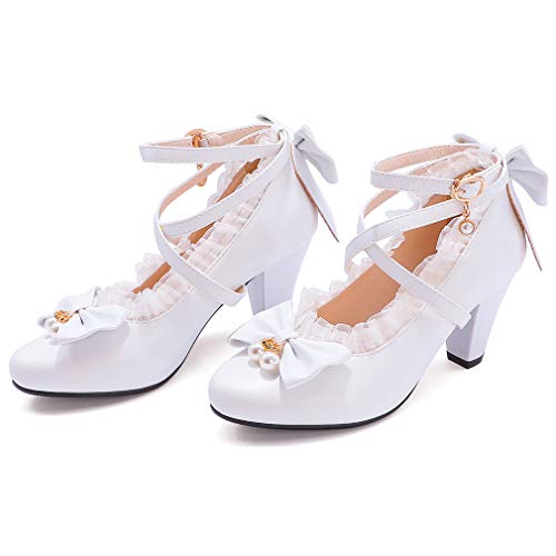 Parisuit Women's Chunky High Heels Ankle Strap Pumps Mary Jane Lolita Cosplay Bow Lace Dress Shoes-White Size 8 #TOP2