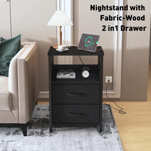 Khljju End Table With Charging Station, Nightstand With Fabric Drawer, Small Side Table For Small Spaces, Black Bedside Tables With Usb Ports And Outlets For Living Room, Bedroom, Office #TOP2