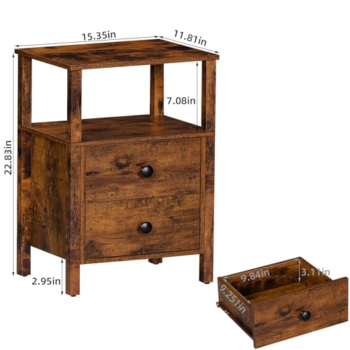 Lerliuo Night Stand, Small Nightstand with 2 Wood Drawers and Storage Shelf, Rustic Bedside Table with Wooden Frame, Vintage Brown Couch Bed Side Table for Small Spaces, Retro Nightstands for Bedroom
