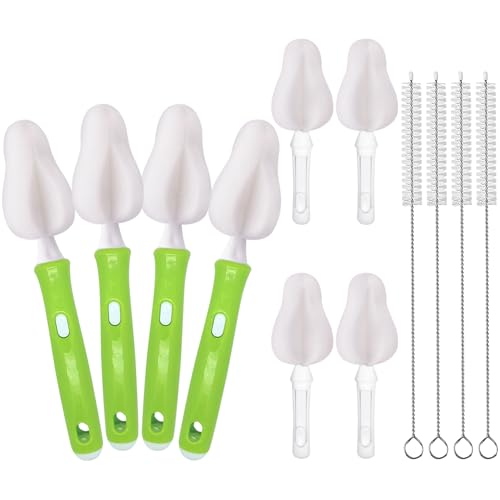 Image of INVODA 12 Piece Sponge Nipple Bottle Brushes, Baby Bottle Brush with 4 Nipple Cleaner, 4 Replacement Heads and 4 Straw Brushes (White)