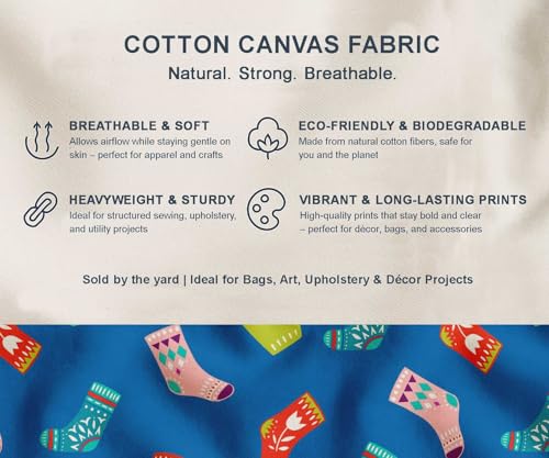 Image of Soimoi Blue Cotton Canvas Fabric Socks & Gloves Folk Art Printed Craft Fabric by the Meter 56 Inch Wide