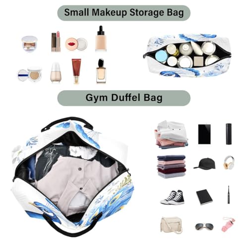 Blue Peacock Feather Flower Travel Duffle Bag Gym Bag Weekender Bags with Toiletry Bag Travel Trip Tote Bag4