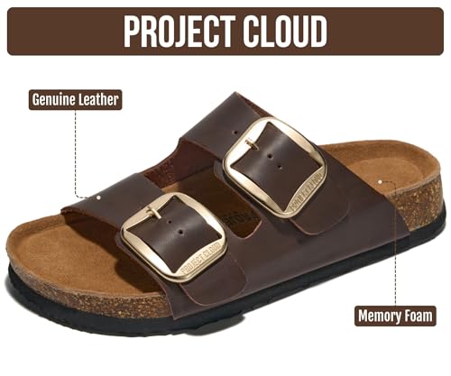 Image of Project Cloud 100% Genuine Leather Footbed Sandals for Women 2026 Comfortable Beach Essentials Womens Sandals Memory Foam Vacation Essentials Slides for Women Footwear (Santorini)