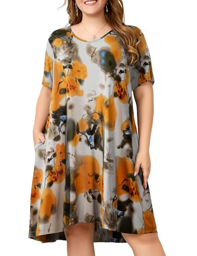 Image of OVERWORETY Womens Short Sleeve Plus Size T-Shirt Dress V Neck Casual Loose Swing A-Line Summer Tunic Dresses with Pockets