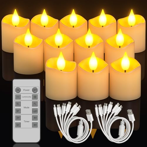 SoulBay 12 Stück Wiederaufladbare LED Teelichter Kerzen Flackernd mit Fernbedienung und Timer, Aufladbar LED Teelicht Elektrische Kerzen mit USB-C Kabel für Party Wohnzimmer Halloween Weihnachtendeko